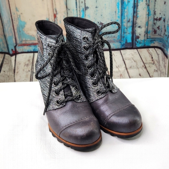 Sorel PDX Wedge Lace 1964 Lea Joan Arctic Quarry Grey Ankle Boot LL5316-052 - Picture 1 of 7